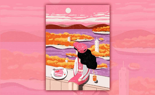 PS-板绘-粉色系天空插画