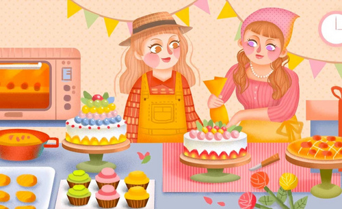 PS- 板绘插画-做蛋糕的女孩