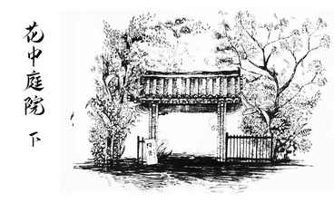 针管笔绘画-花中庭院-上-黑白风景创意插画