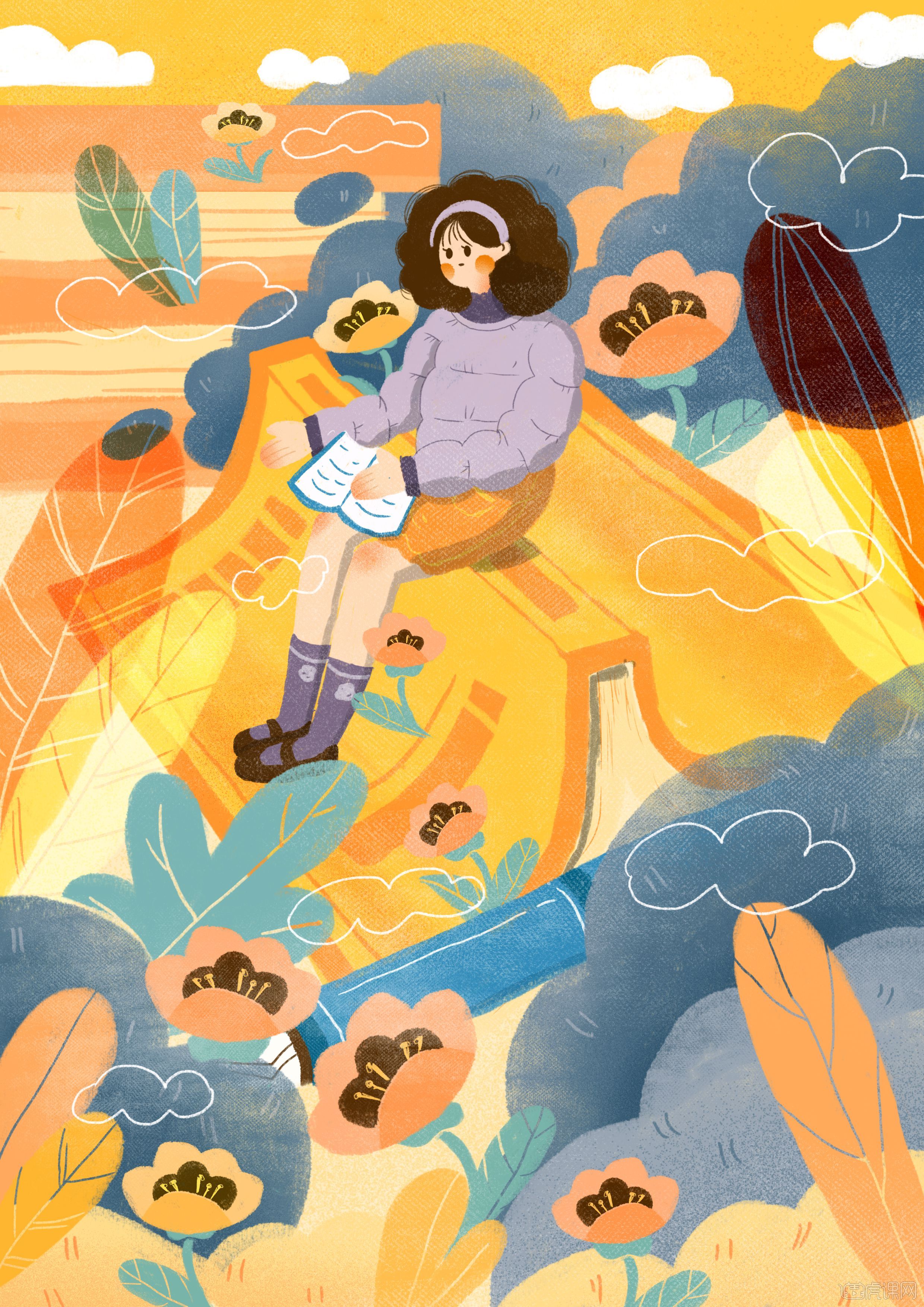 撞色系少女治愈心情肌理插画练习 - 虎课网