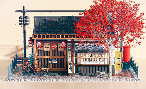 C4D+OC-日式寿司店场景建模渲染