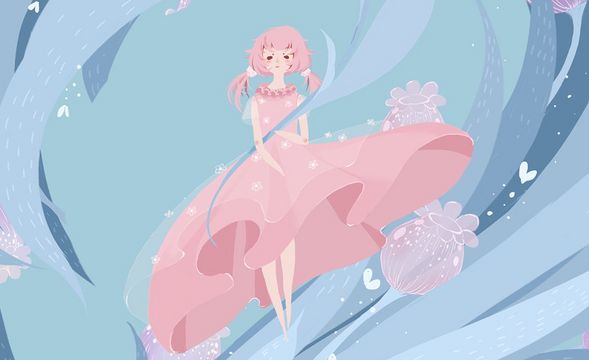 PS-粉蓝色系小清新少女插画