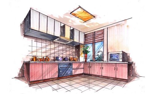 马克笔-家装厨房手绘表现-线稿篇