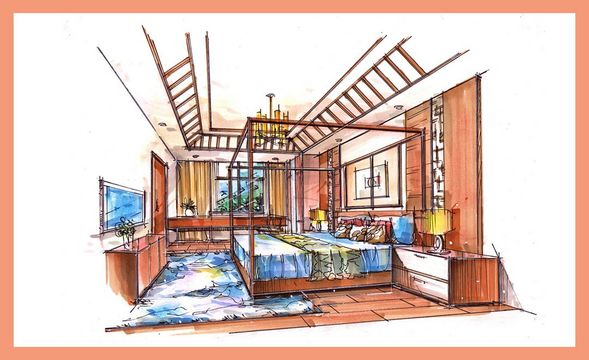 马克笔手绘-新中式家装卧室空间手绘表现